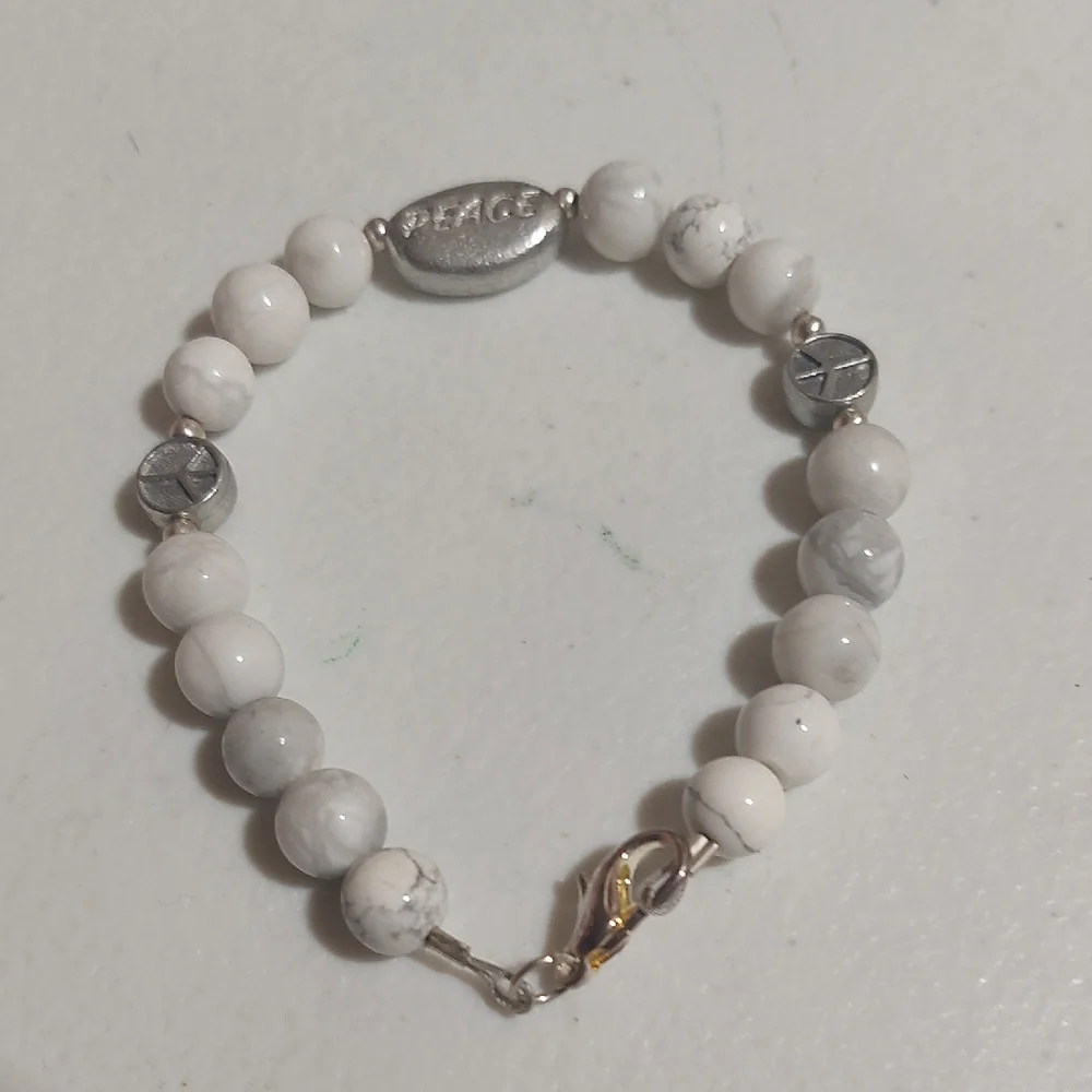 White Howlite Bead Bracelet with Silver Tone Accent PEACE Charm Peace Spacers